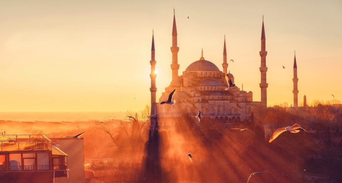 Istanbul,,Turkey.,Blue,Mosque,(sultanahmet,Camii),At,Sunset.,Seagulls,On
