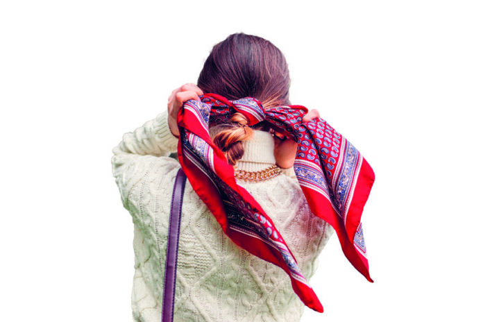 Back,View,Of,Stylish,Woman,Wearing,Red,Hair,Scarf,And