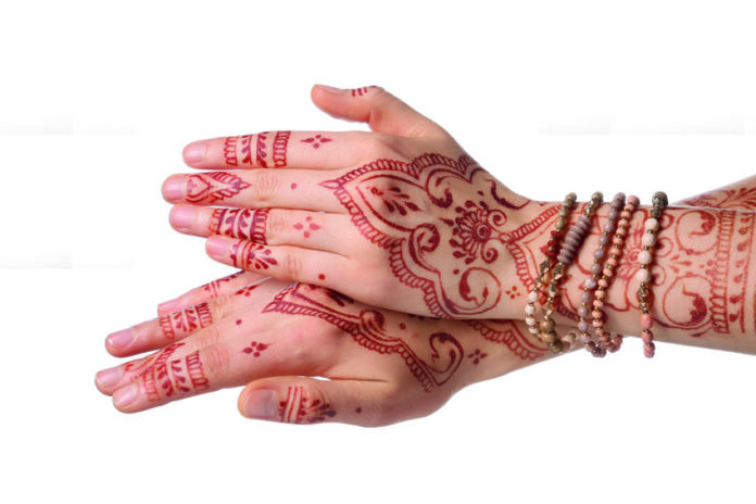 Beautiful,Female,Hands,With,Henna,Tattoo,On,White,Background